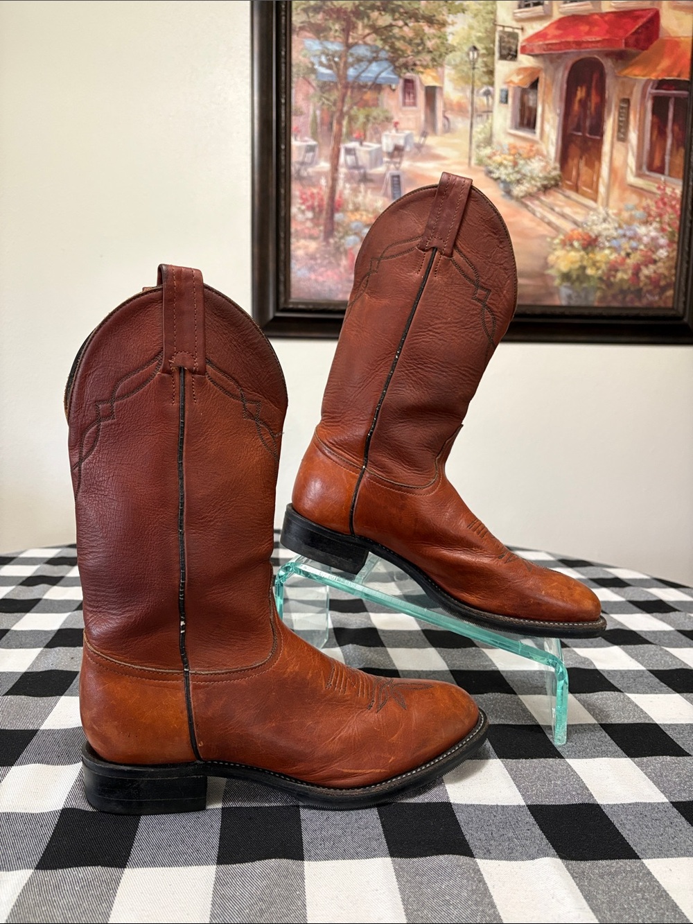 Tony Lama Western Brown Leather Cowboy Boots Pull On Men's Size 8.5 Round Toe